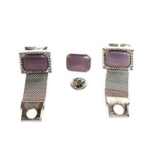 Cuff Links and Tie Tack Set Purple Lavender Satin Glass Silver Toned Boxed Set M